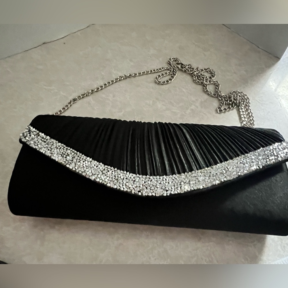 Black and Silver Clutch with Crystal Embellishments